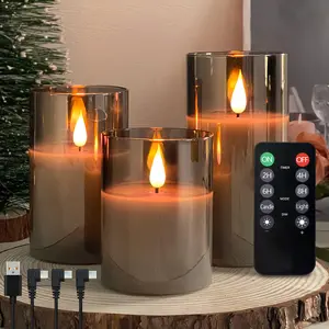 ISUNMEA Rechargeable Flameless Candle, Flashing LED Pillar Real Wax Candle with Remote Control and Timer, Upgraded Teardrop Wick, Gray Electronic Candle, 1 Set of 3  nightlight