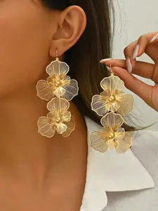 1 Pair Fashionable Double-Layer Floral Drop Earrings With Exaggerated Design, Long Floral Earrings For Women, Suitable For Daily Wear, Floral Pattern