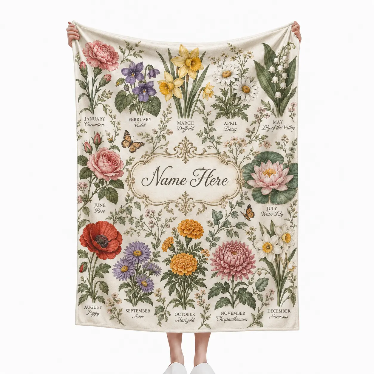 Personalized Monthly Flowers Design Soft Aesthetic Blanket, Custom Name Textiles & Soft Furnishings Bedding Throw, Soft Aesthetic Blankets