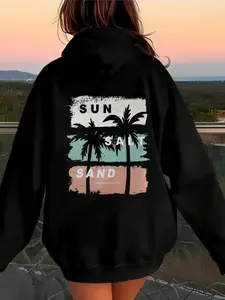 SUN, SALT Printed Women's Trendy Casual Hoodie, Solid Color Hoodie, Loose Hoodie, Suitable for Spring, Autumn,Hooded Fall/Winter Outerwear for Cosplay & Everyday Outfits