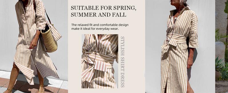 【New Arrival】Ebossy Womens 2026 Shirt Dress Casual Lapel 3/4 Sleeve Button Down Split Belted Vacation Maxi Dress