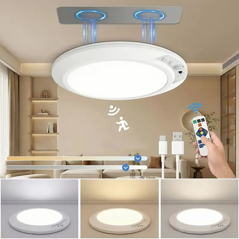 1 piece set 5W rechargeable LED ceiling light human body sensing light, warm white light warm white light, 10 level brightness adjustment, battery powered remote control dimming timing, suitable for living rooms, kitchens, bathrooms