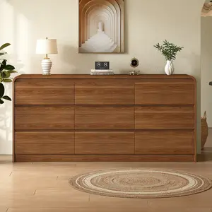 Modern 9 Drawer Dresser, 63-Inch Wood Chest of Drawers, Curved Anti-Collision Design, Mid-Century Storage Cabinet, Pre-Embedded Slots, Natural Texture, for Bedroom, Living Room, TV Stand