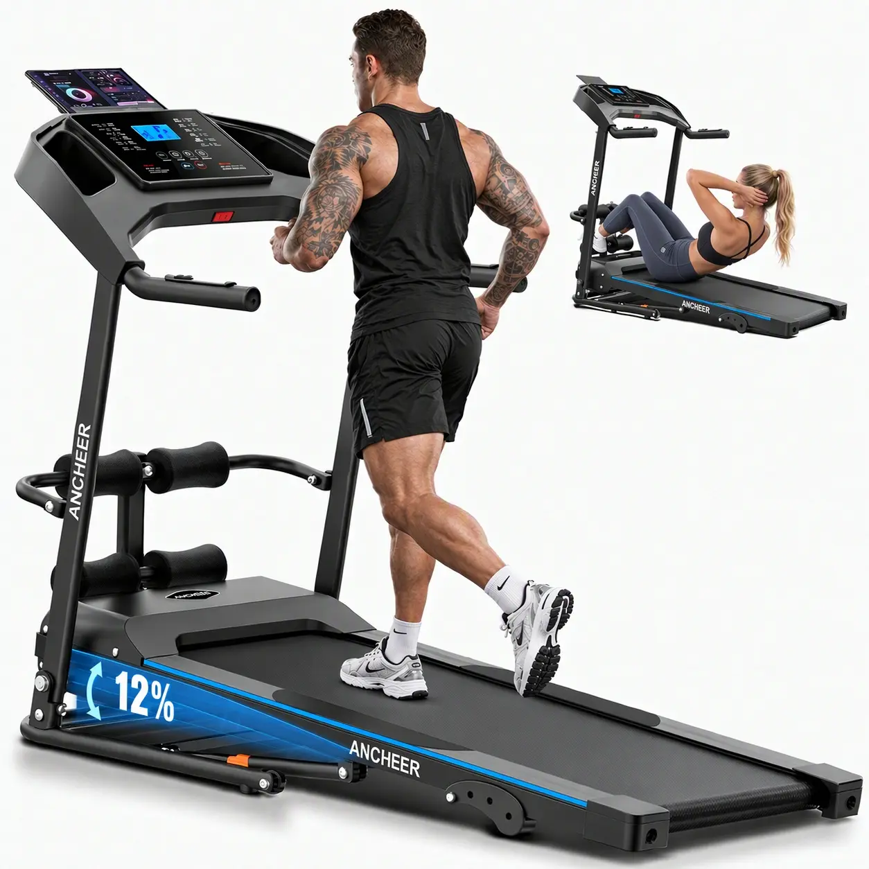 ANCHEER 3.5HP Smart Folding Treadmill - Home Workout Gear, Running Walking Machine, Work Out Equipment for Home Gym with Incline, Sit-Up Bench, Body Fat Scan, Heart Rate Sensor, 350 LB Capacity