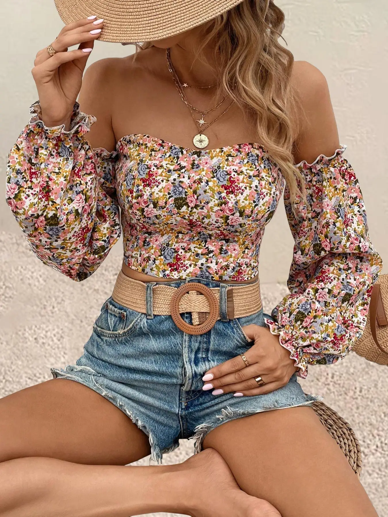 Women's Ditsy Floral Print Frill Shirred Off Shoulder Crop Blouse, Boho Flounce Sleeve Crop Top For Spring & Fall, Women's Clothes For Daily Vacation
