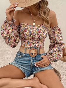 women's ditsy floral print frill shirred off shoulder crop blouse, comfy fabric boho flounce sleeve crop top for spring & fall, fall clothing women, comfort womenswear, bohemian, summer clothes women, vintage girly clothes