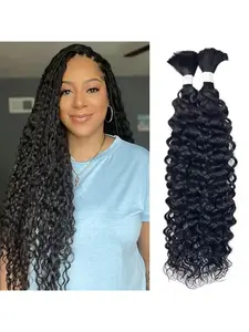 22 Inch Curly Human Hair Braiding Hair Wet and Wavy Water Wave Bulk Human Hair for Braiding No Weft Unprocessed Virgin Human Braiding Hair for Boho Braids Natural Color 2 Bundles/Pack (Total 100G)
