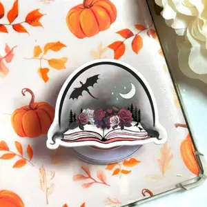 Dark Romance Bat Book Phone Grip, Gothic Night Reader Pop Socket, Crescent Moon Floral Bookish Aesthetic, Spooky Fantasy Gift, Fall Vibe Holder Stand