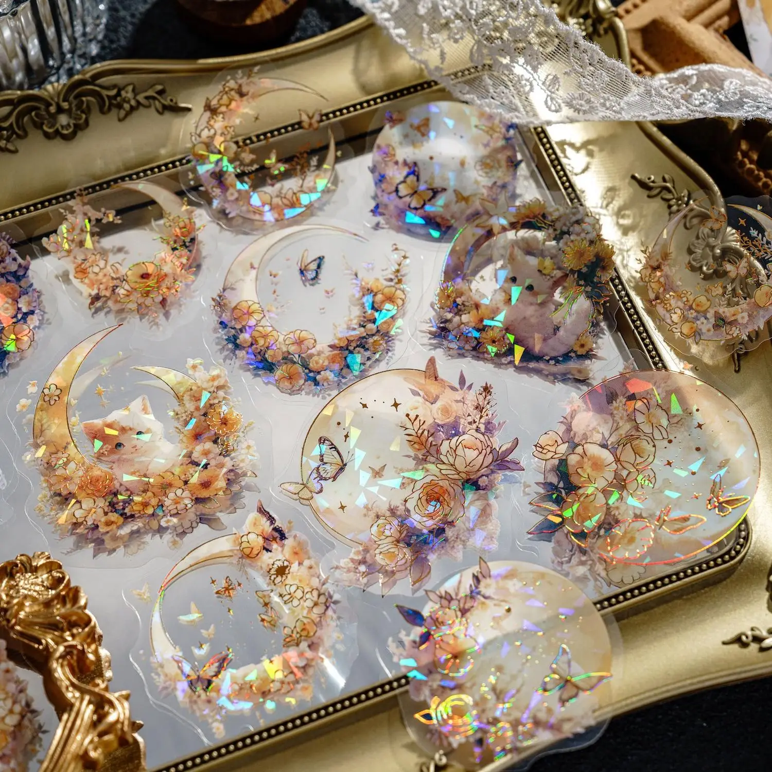 Moon Cat Theme Hand-painted Style Glitter Sticker, 20pcs Vintage Floral Pattern Waterproof Multi-purpose Decorative Sticker, Summer Gift, DIY Collage