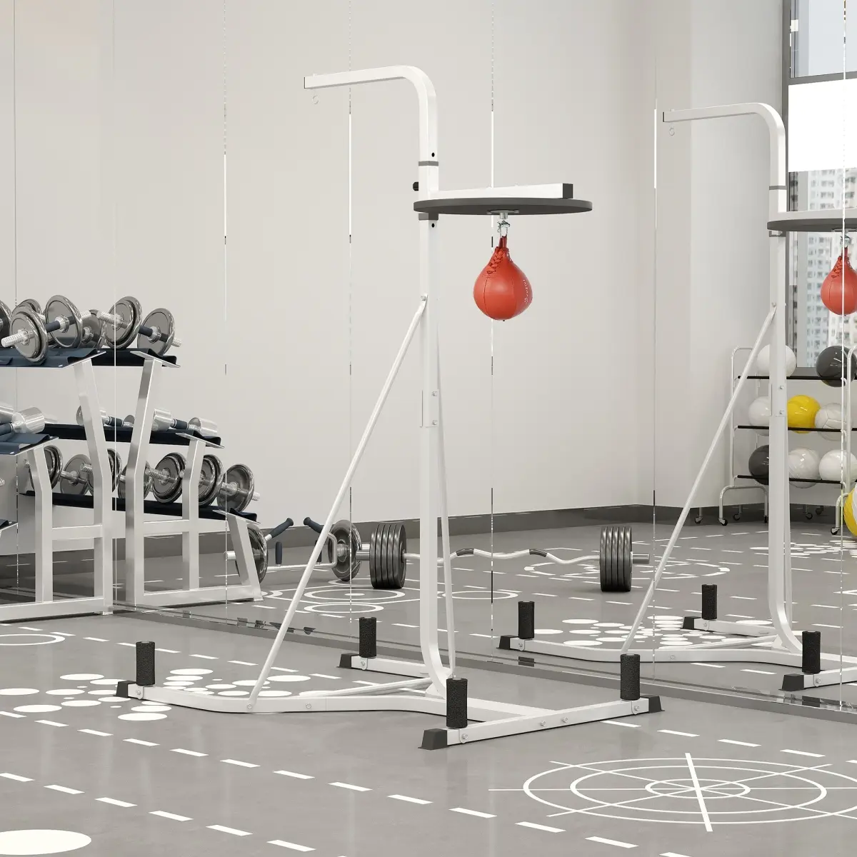 Fahuac 2-in-1 Freestanding Heavy & Speed Punch Bag Stand - Home Gym Use, Space-Saving, 67"-74.75" Adjustable Height, Weighted Base for Stability, Sturdy Posts, Prevents Wobbling, 45.25" L x 61.5" W x 88.25" H, Ideal for Boxing Power Strikes