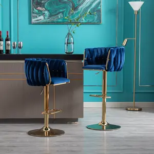 [Bellemave]Set of 2  Bar Stools,with Chrome Footrest and Base Swivel Height Adjustable Mechanical Lifting Velvet + Golden Leg Simple Bar Stool-Navy