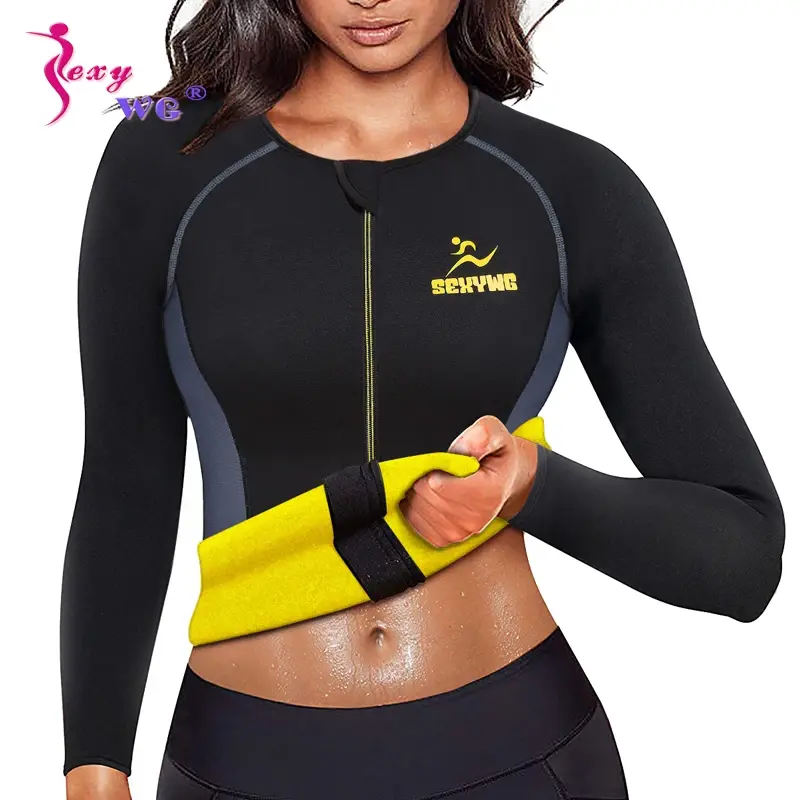 SEXYWG Slimming Body Shaper Fitness Women Neoprene Sauna Jacket Waist Trainer Shapewear Zipper Yoga Shirt Long Sleeve Blouse