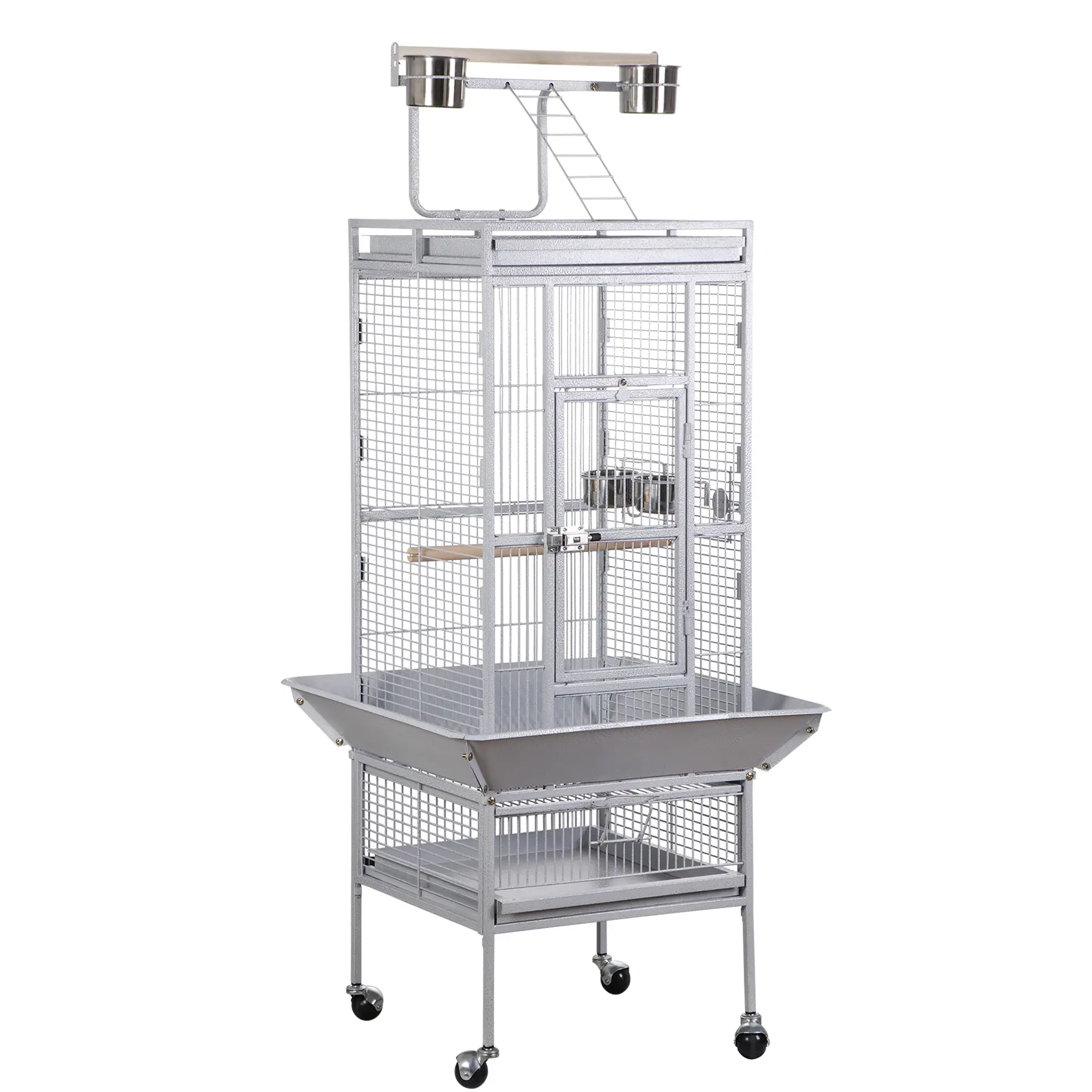 Mobile Bird Habitat with 2-in-1 Detachable Stand – Rolling Metal Bird Cage Birdhouse with Pull-out Tray and Feeders
