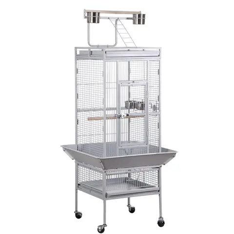 Segawe Metal Parrot Cage - Home Safe Habitat with 2-in-1 Detachable Rolling Swivel Wheels Stand, Pull-Out Tray, Visible Feeding Cups, Wooden Perches, Open-Top Play Area, 25in(W)x17in(D)x53in(H) - Portable Bird Houses for Parakeet Cage Setup