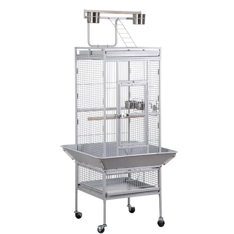Segawe Metal Parrot Cage - Home Safe Habitat with 2-in-1 Detachable Rolling Swivel Wheels Stand, Pull-Out Tray, Visible Feeding Cups, Wooden Perches, Open-Top Play Area, 25in(W)x17in(D)x53in(H) - Portable Bird Houses for Parakeet Cage Setup