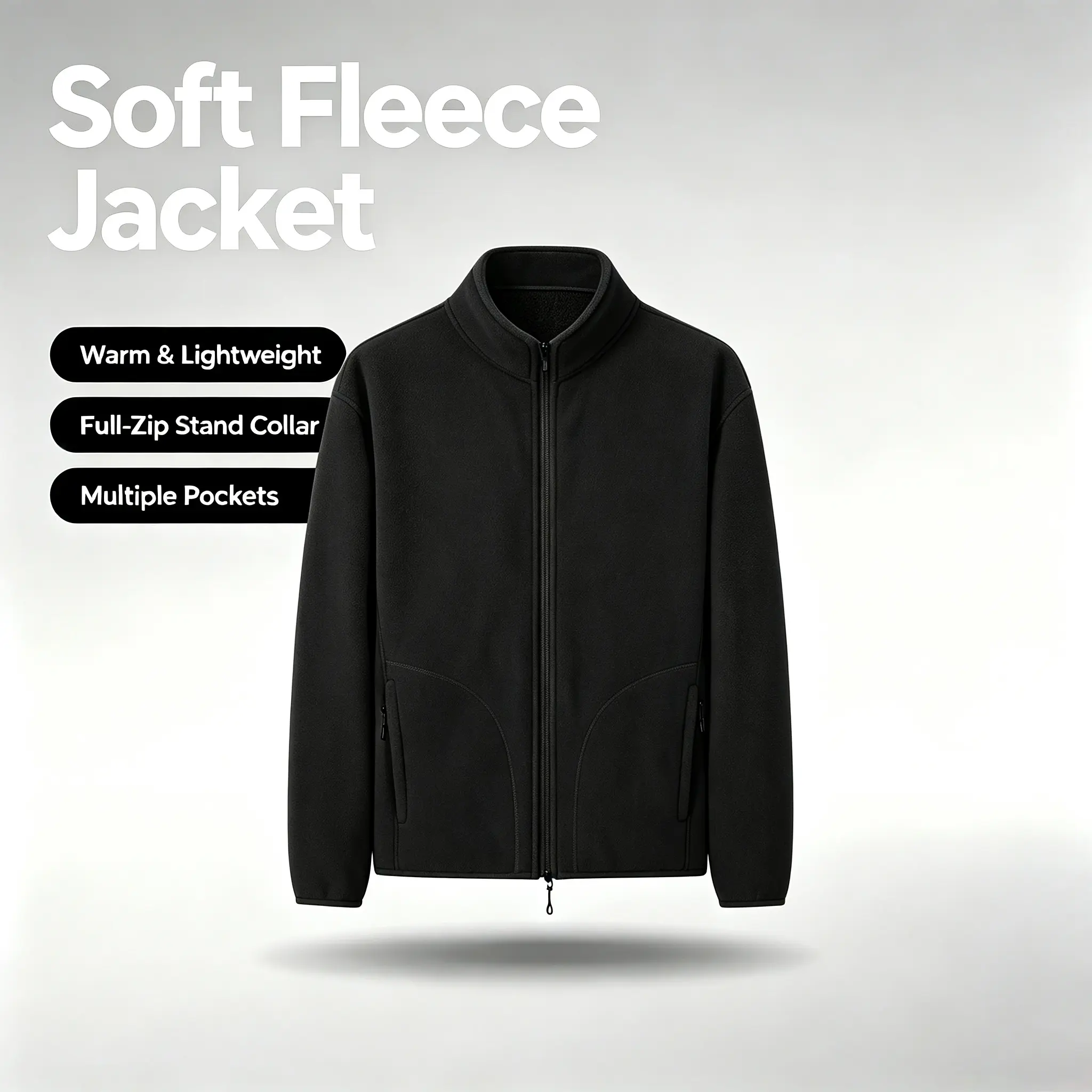Soft fleece zip-up jacket | Warm, lightweight stand-collar top with zippered pockets, suitable for outdoor outings and everyday wear