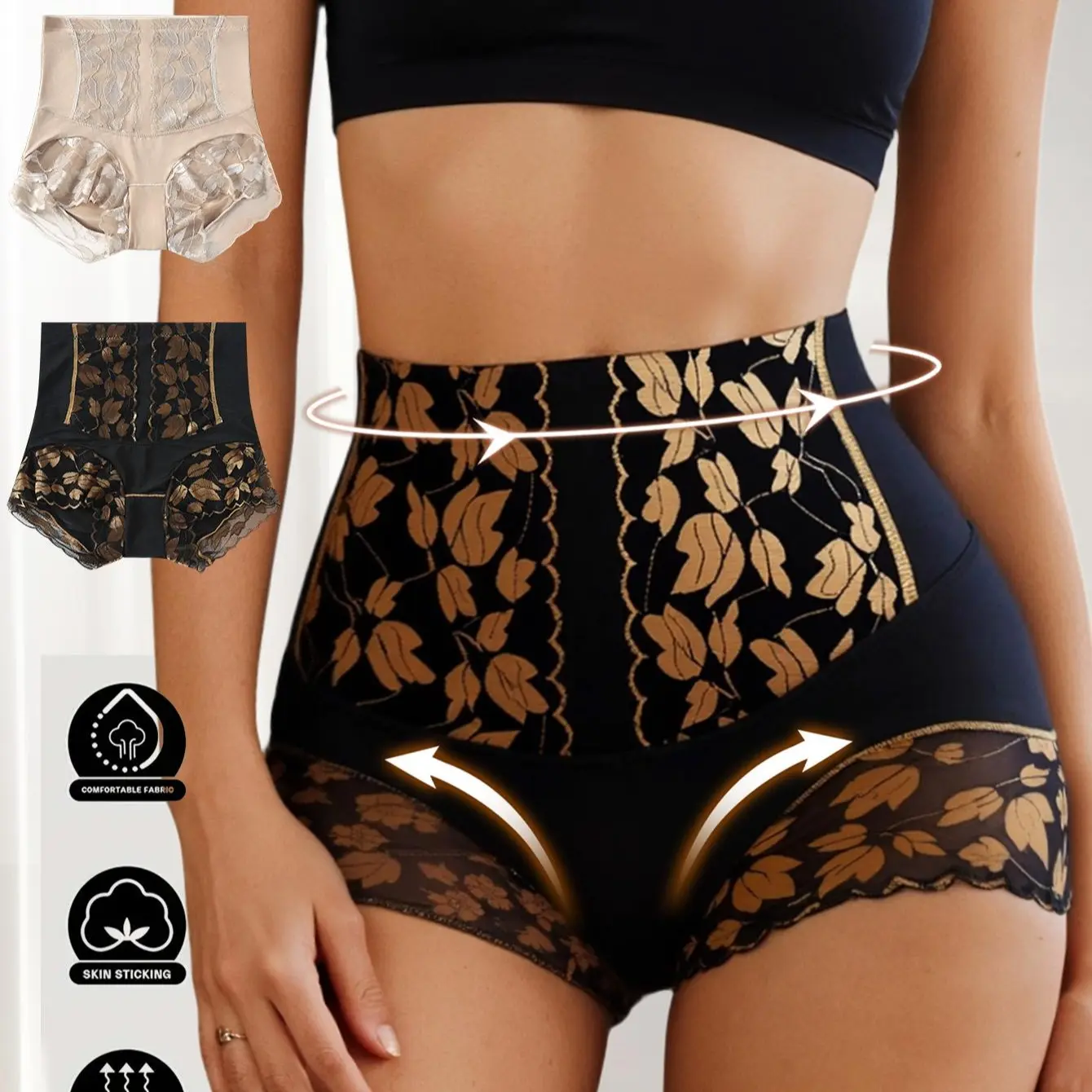 Hotcom Women's High-Waisted Seamless Breathable Body Shaper Set - Elastic Waist, Contrast Lace, Compression Fabric, Hipster Panties, Tummy Control, Comfortable Fit for Casual, Yoga Wear summerwins