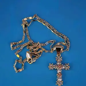 1.5 inches Grey & pink Rose Cross Pendant, with 3mm gold color Diamond Cut Style Chain 20-Inches. gold plated 8.8 grams not water resistant