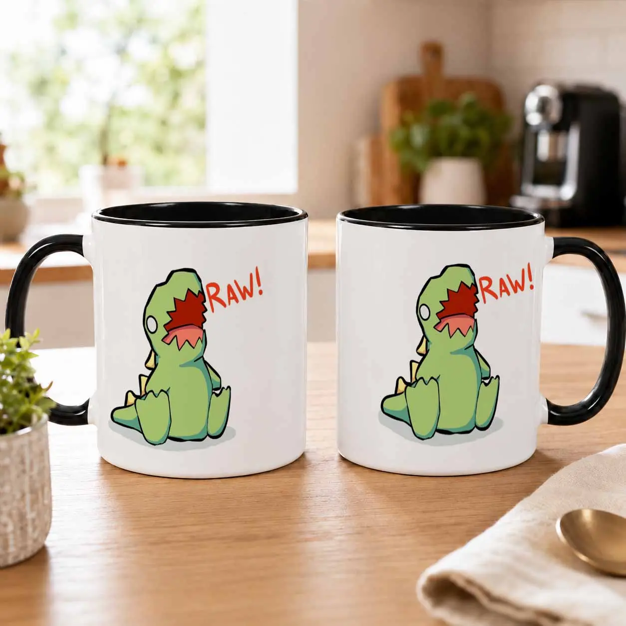 Cute Dinosaur Raw Mug (11oz/15oz)， Adorable Green Dino Roaring Print， Durable Ceramic Construction， Glossy Finish， Microwave and Dishwasher Safe， Perfect for Home Office， Coffee Lovers， Birthday Gifts， Animal Enthusiasts， Daily Morning Routine， Funny
