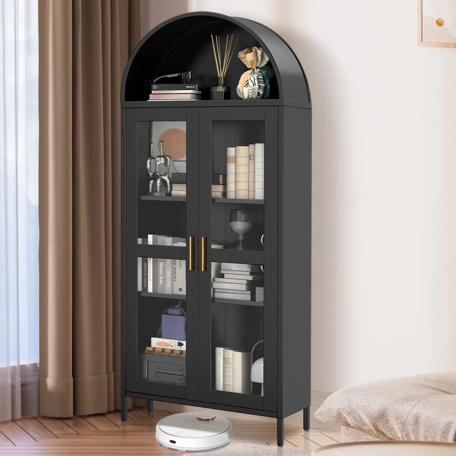 73 in Farmhouse Pantry Cabinet - Arched Tall Indoor Cupboard with 2 Adjustable Shelves, Glass Panels, Double Doors & Easy Setup for Kitchen, Living Room