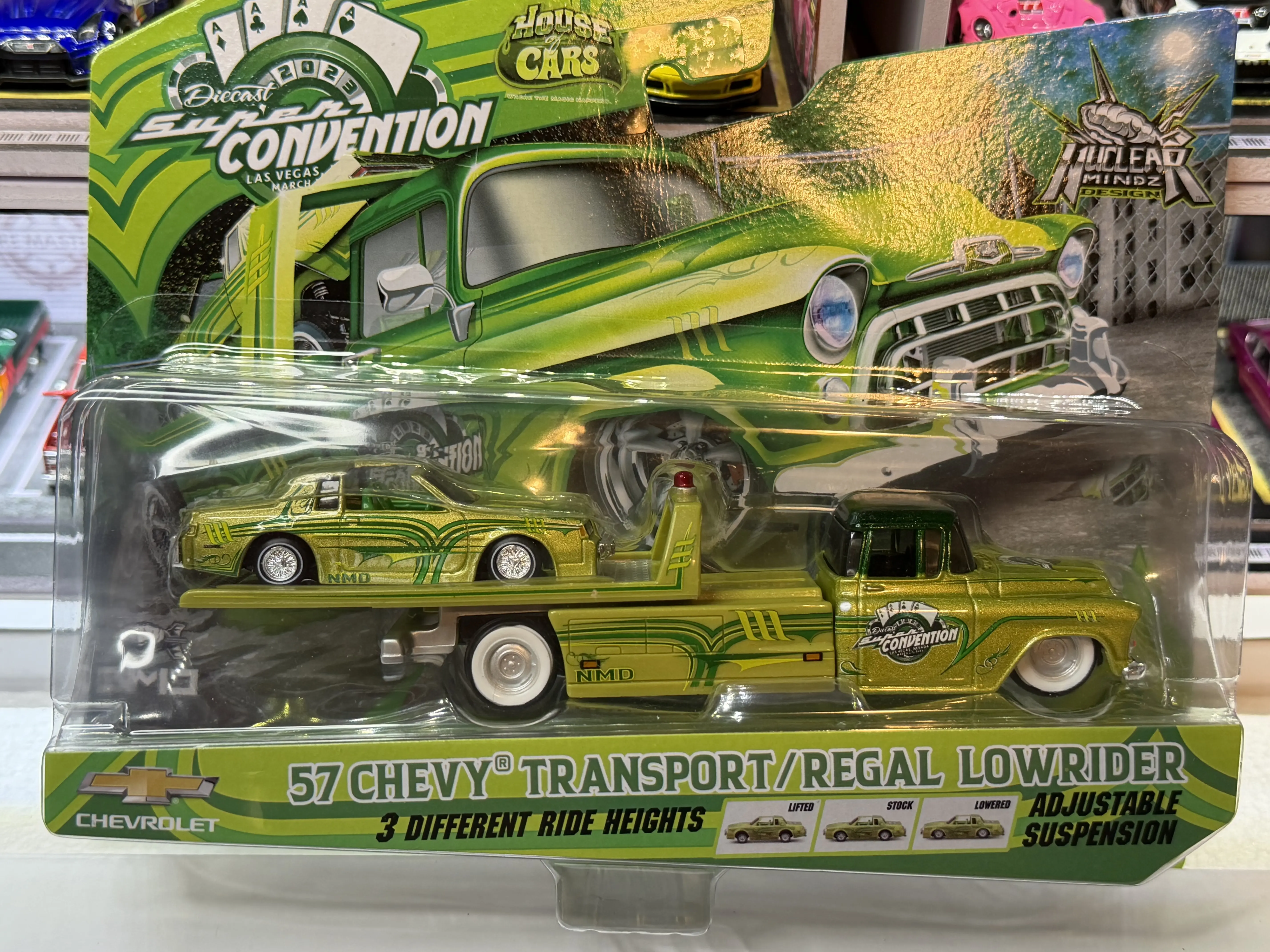 Elite Transport set featuring a '57 Chevy Flatbed and a Buick Regal Lowrider, exclusive to the 2023 Diecast Super Convention.