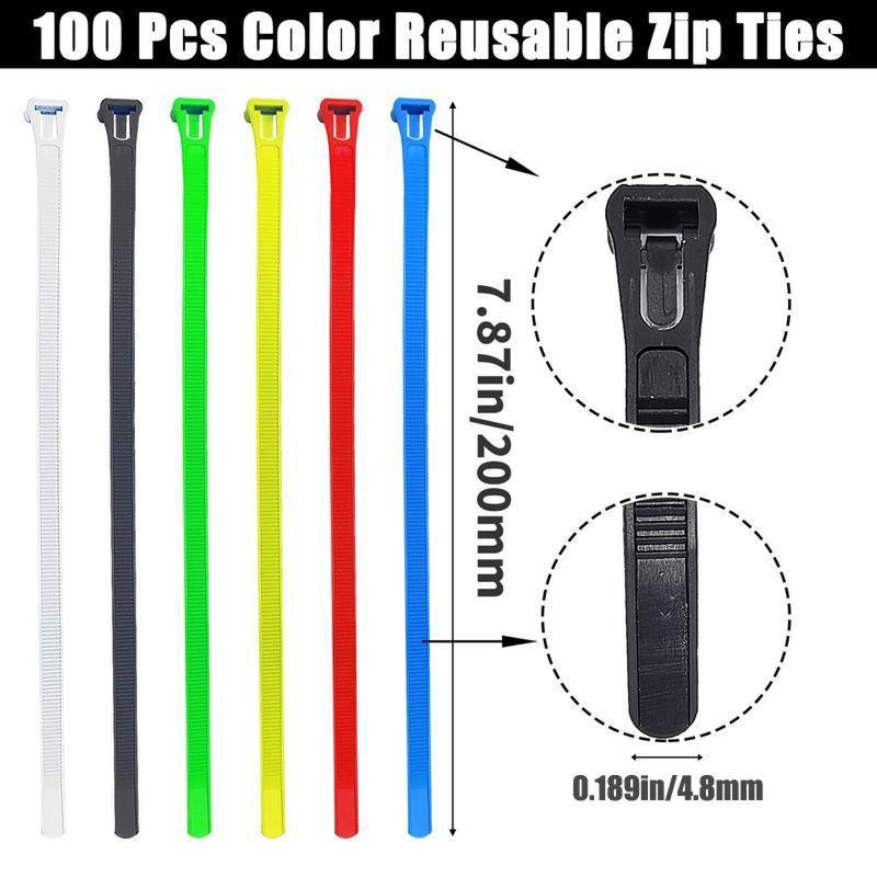 100pcs Reusable Colored Zip Ties – Heavy Duty Cable Ties, 50 Lbs Tensile Strength, Self-Locking, Premium Nylon for Indoor & Outdoor Use, Multipurpose Cable Management.