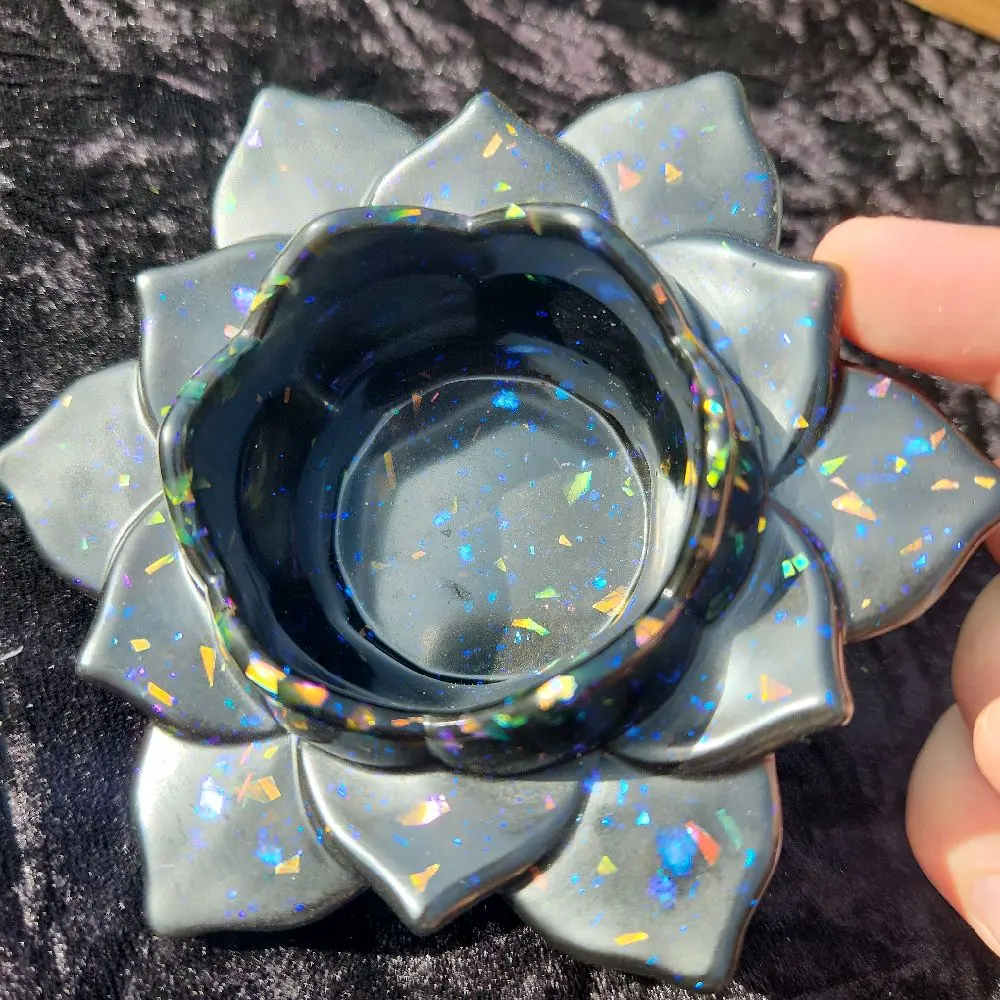 Resin Lotus Blossom Candle Holders colored with Mica powder and glitters
