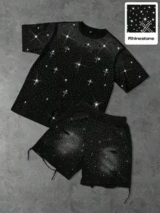 Men's Solid Color Loose Fit Casual T-Shirt Shorts Set, Rhinestone and Ripped Details, Fashion Streetwear for Summer