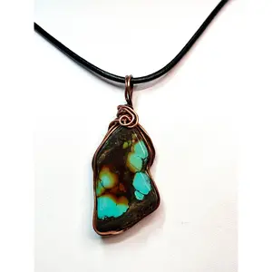 Beautiful Freeform Turquoise Slice & Solid Copper Wire Framed Necklace-Adjustable Length Black Leather Cord-Perfect Valentines Gift-Unisex