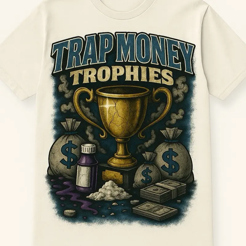 Trap Money Trophies T-Shirt with Gold Trophy Graphic Design and Dollar Sign Detailing