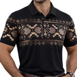 Men's Aztec Polo - Black with Geometric Pattern Short Sleeve Casual Wear