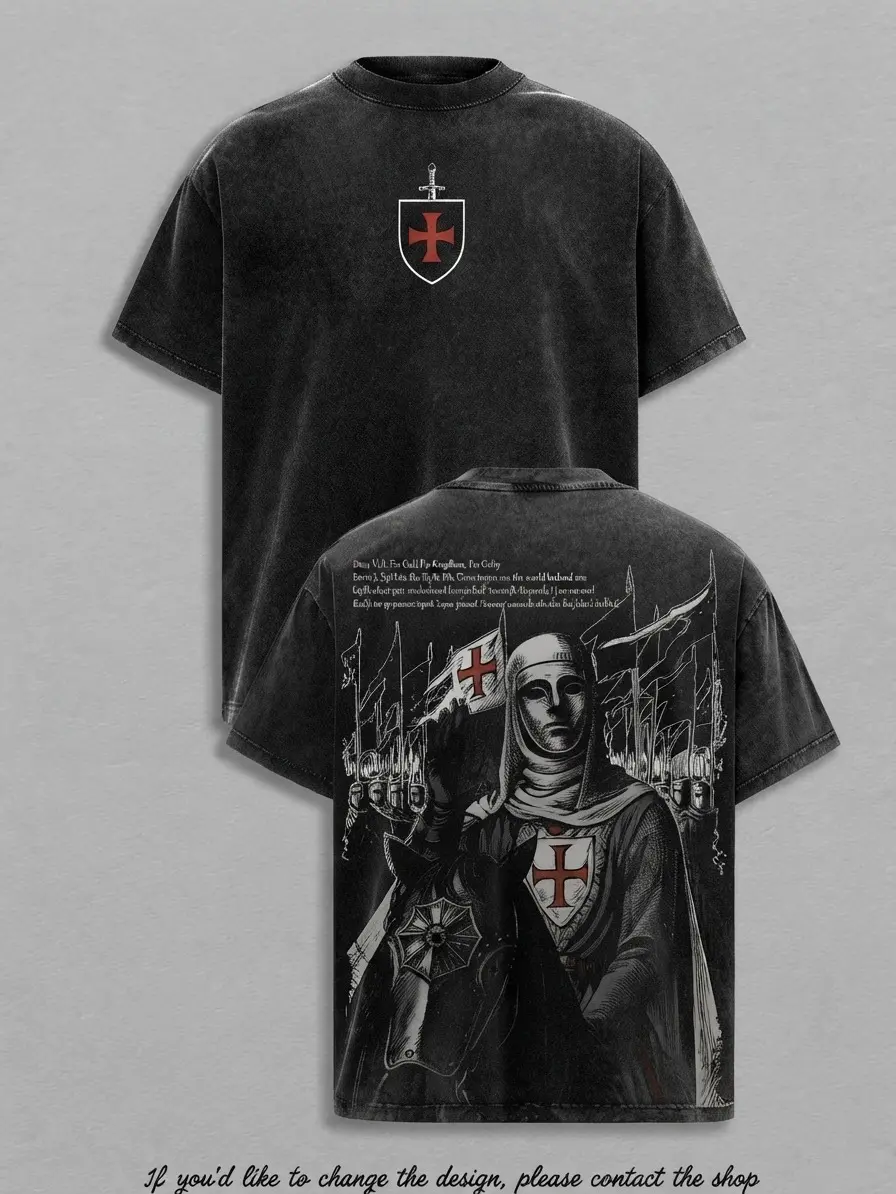 Retro Baldwin IV "The Leper King" The Crusader King and His Holy Army Vintage Washed T-Shirt |  Jerusalem Cross Medieval Christian Streetwear | Medieval Cross Armor Glory of God Outfit Menswear Tshirt