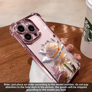 Crystal Clear Rose Phone Case for 15 16 Plus 14 13 12 11 Pro Max, Premium Slim Shockproof Four-corner Airbag Electroplating  Phone  for Men and Women  soft cover