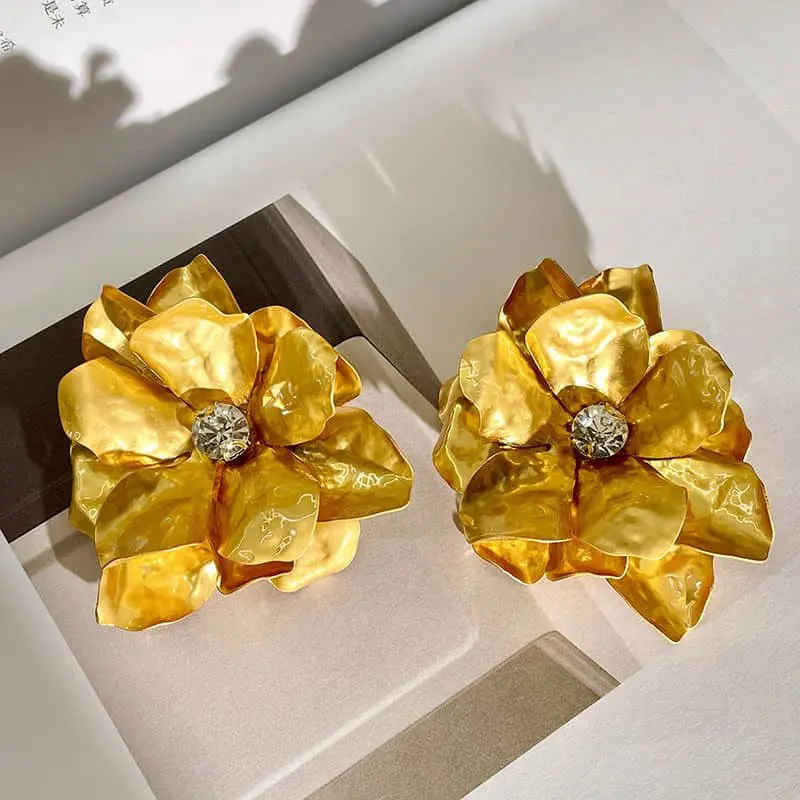Oversized Matte Gold Statement Flower Stud Earrings, Double-Layer Pleated Petal Metal Earrings for Women