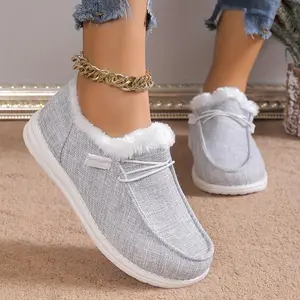 Women's Solid Color Lined Shoes, Slip On Soft Sole Flat Fluffy Canvas Shoesm, Winter Comfy Low-top Shoes Footwear Girl