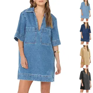 FMEYOA Womens Denim Shirt Dress Long Sleeve V Neck Loose Casual Jean Mini Dress with Pockets