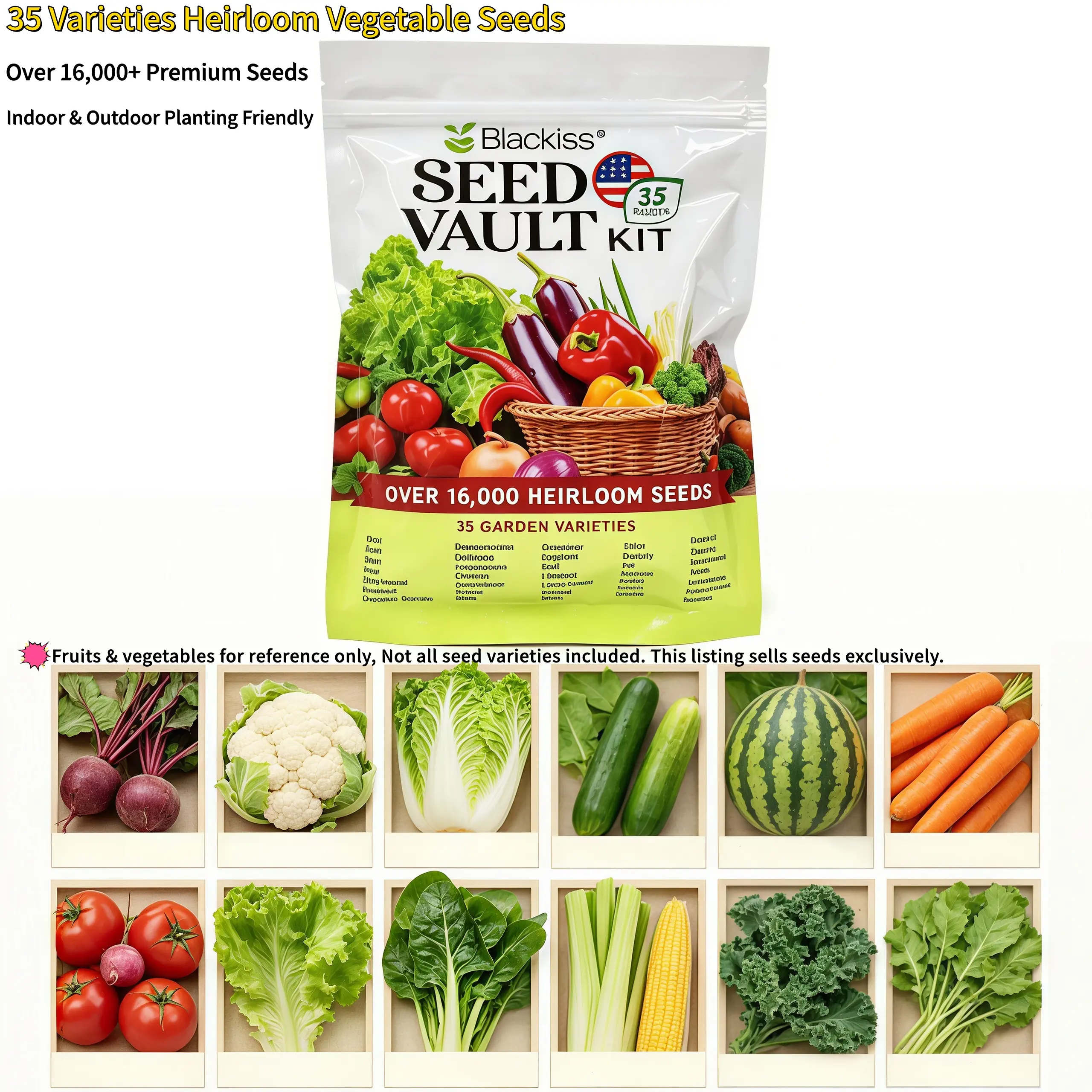 Ultimate 35 Variety Vegetable & Fruit Seed Bundle – 16,000+ Seeds, Heirloom Non-GMO, Survival Garden Kit, Easy to Grow, Ideal for Beginners & Home Gardening