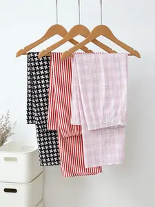 Women's 3 Pack Long Sleep Pants, Spring & Summer Wearable, Houndstooth Stripe Plaid Print, Healing Relaxed Style, Cozy Home Loungewear
