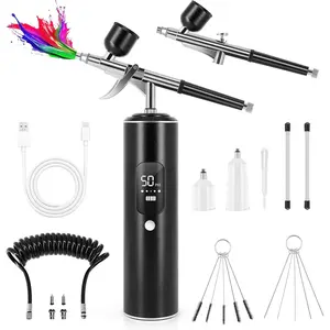 Airbrush Kit with Compressor, 2 Airbrushes, 6400mAh 50PSI High Pressure Airbrush for with 0.2/0.3/0.5mm Nozzle Sets, Airbrush for, Modeling, Cake Decorating, Pastry (Black)