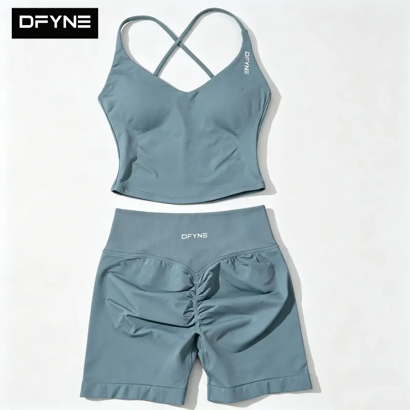 Women's DFYNE Seamless 2-Piece Gym Set - Padded Strappy Cami Top, Booty Lift Biker Shorts Activewear