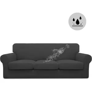 100% Dual Waterproof 4 Pieces Stretch Soft Couch Cover for Dogs, Sofa Slipcover for 3 Separate Cushion Couch Leakproof Furniture Protector for Kids, Pets Dark Gray