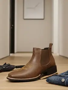 Men's Western Chelsea Denim Boots Square Toe, All-Season One-Step Work Casual Boots, Suitable for Men, Comfortable and Durable