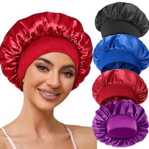 Satin Bonnets for Sleeping 4Pcs Silk Bonnet Wide Band Hair Bonnet Soft Elastic Hair Wrap Cap Silky Shower Cap for Women Men Curly Hair