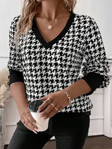 Women's Spring Fall Houndstooth Knit Sweatshirt Long Sleeve V Neck, Fitted Design, Fake Button Cuffs, Thin Top, Elegant Style