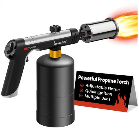 Powerful Adjustable Propane Culinary Torch with 1-Touch Max Fire, Safety Lock, Multi-Pattern Nozzle Set, Bakeware Compatible for Outdoor Cooking, BBQ (Ideal for Husband, Father; Tank Not Included)