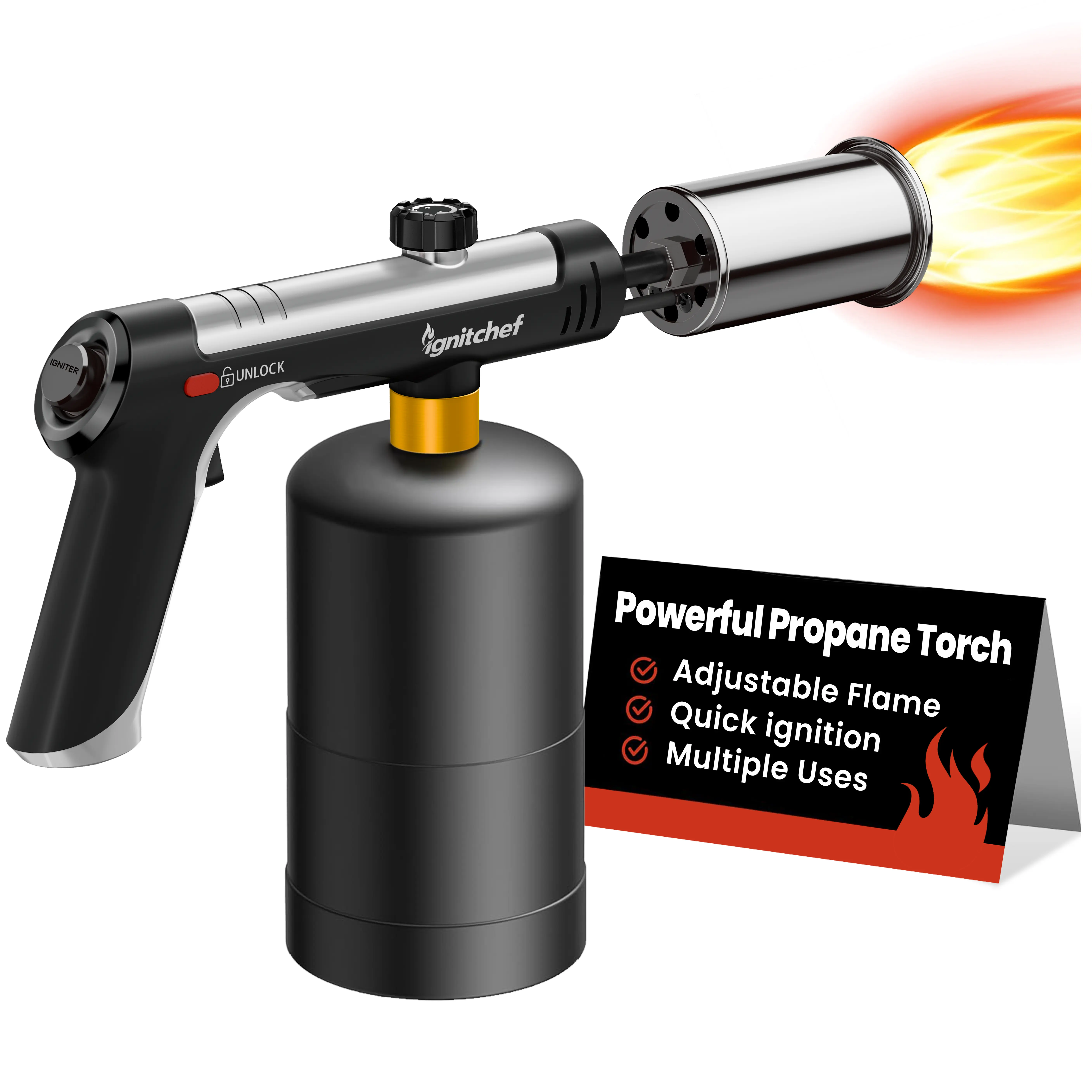 Kitchen Propane Torch Gun - 1-Touch Max Fire Button, Adjustable Nozzle Set, Culinary Torch for BBQ, Searing Steak (Propane Tank Not Included, Bakeware Compatible)