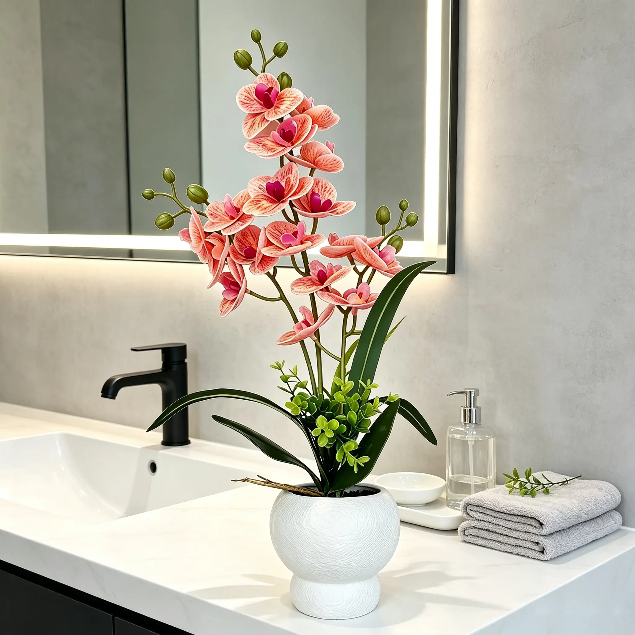 Artificial Phalaenopsis Orchid in Textured White Pot, Realistic Faux Orchid Flower Arrangement, Permanent Floral Decor for Bathroom Countertop, Home Vanity, Modern Indoor Table Centerpiece, Long-Lasting Fake Orchid Plant No Maintenance Needed.