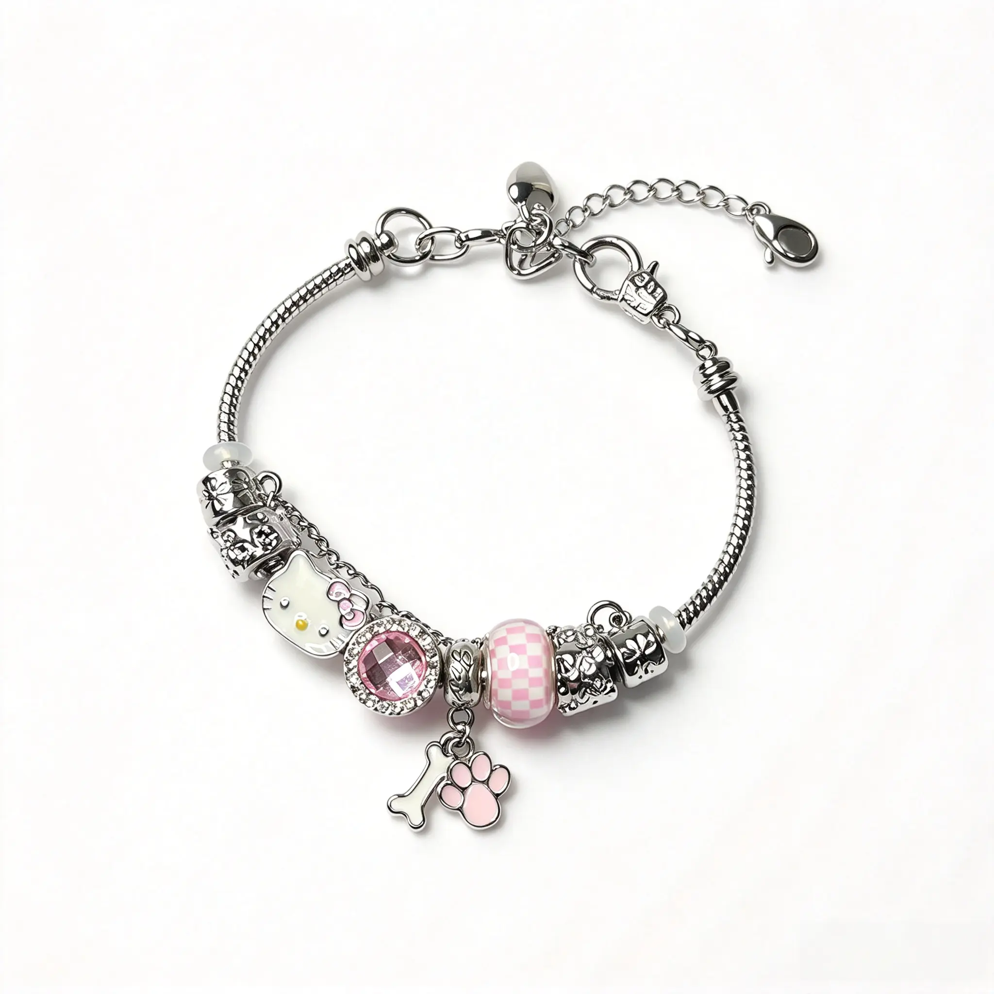 Hello Kitty Charm Bracelet, Pink Crystal Beaded Bracelet with Paw & Bone Charms, Adjustable Jewelry for woman