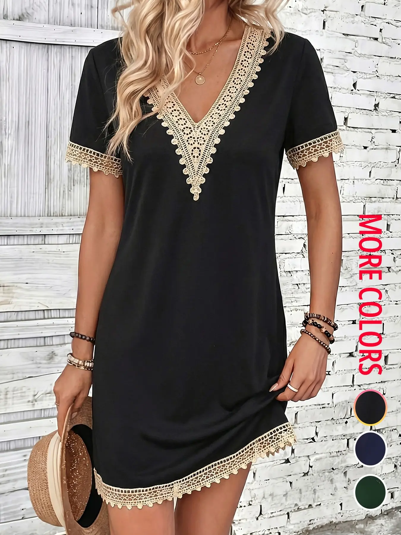 Women's Boho-Style Lace-Trim V-Neck Dress, Casual Wear, Perfect for Beach Vacations, Daily Dates and Casual Summer Gatherings
