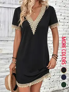 Women's Boho Style Lace Trim V Neck Dress, Casual Wear, Womenswear, Perfect for Beach Vacations, Daily Dates, Casual Gatherings, Summer Fashion, Bohemian Casual Wear